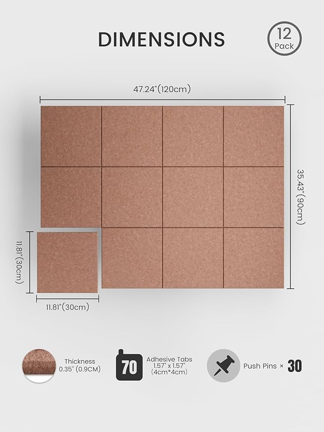 Bumusty Large Cork Board 48" x 36" Alternative - 12 Pack Felt Wall Tiles with 70 Safe Removable Adhesive Tabs, 30 Pushpins, Cork Boards for Walls Pin Board Bulletin Board Office Decor (Terracotta)