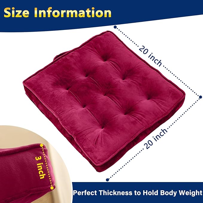 Floor Pillow Set of 2, Memory Foam Meditation Cushion, Floor Cushions for Adults Sitting, Large Square Seat Cushions for Yoga, Living Room, 20x20 Inch (Burgundy)