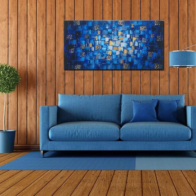 MyArton Large Thick Abstract Dark Blue add Golden&Silver Square Wall Art Hand Painted Artwork Textured Oil Painting on Canvas Framed Ready to Hang 60x30inch