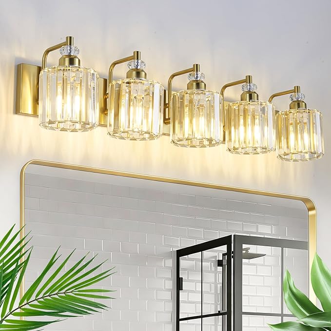5-Light Modern Vanity Lights Brushed Brass Bathroom Light Fixtures Over Mirror Gold Bathroom Vanity Lighting with Crystal Shade E26 Base Wall Sconce for Bedroom Living Room Restroom Wall Lamp