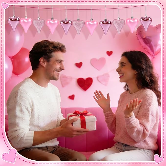 18 Pcs Valentines Tree Heart Ornaments Pink Valentines Tree Decorations, 3 Style 3.2" Valentine Hanging Ornaments for Christmas Tree Anniversary Party Decoration