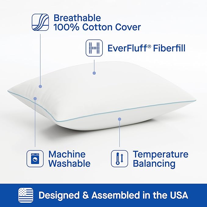 SEALY Perfect Temp Bed Pillows, Plush 100% Cotton Cover, Soft, Breathable, Temperature Balancing, Moisture Wicking, Hypoallergenic EverFluff Fiberfill, Machine Washable, Standard/Queen, White- 2 Pack