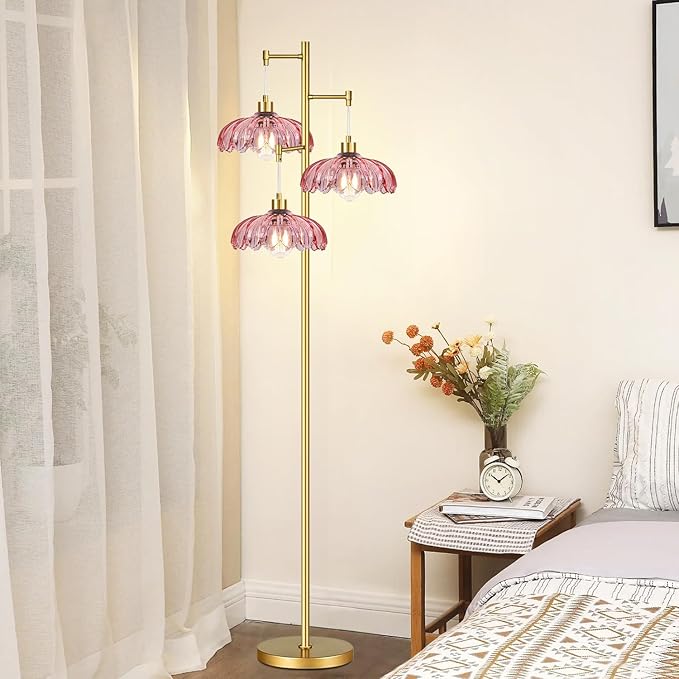 Gold Floor Lamp for Living Room,Modern Floor Lamps with Unique Pink Glass Shades,3 Lights Mid Century Tall Standing Lamp,Vintage Tree Flower Floor Lamp for Bedroom Corner Office Reading