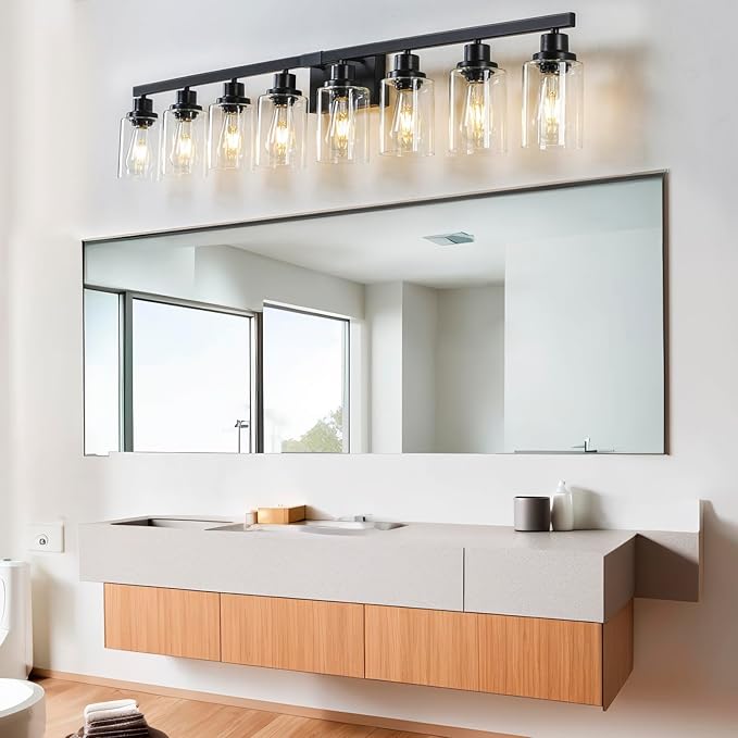 8 Light Bathroom Vanity Lights Over Mirror, 52inch Black Vanity Lights Fixtures Matte Black Modern Vanity Lights Black Bathroom Wall Lighting for Mirror Bedroom,Living Room