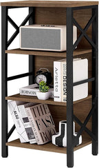 Small Bookshelf,4 Tier Industrial Bookcase with Metal Frame and Backboard,Narrow Rustic Brown Book Shelf,Book case for Small Spaces,Living Room,Bedroom and Home Office