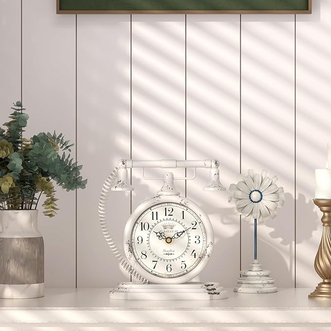 Vintage Table Clock, Desk and Shelf Decor Clock, White Antique Telephone Style Mantel Clocks, for Living Room, Farmhouse, Bedroom, Bedside, Gift (7.3" H x 7.3" W)