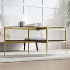 Oval Glass Coffee Table, Mid-Century Modern Design, L43 x W22 x H17 inch, Surfboard Shaped Grey Glass Top and Black Marble Finish Wood Shelf, Tapered Legs with Gold Finish Frame