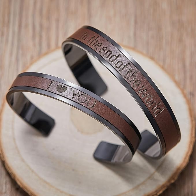 AW BRIDAL Anniversary Engagement Gifts Valentines Day Gifts, Unique Wedding Gift for Couple Matching Couple Bracelets Stainless Steel & Leather Cuff Bracelets for Women/Men, Brown