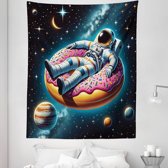 Ambesonne Funny Astronaut Tapestry Twin Size, Spaceman Floating on a Donut Through the Galaxies Planets Moon, Wall Hanging Bedspread Bed Cover Wall Decor, 68" X 88", Petrol Blue Pink Orange