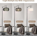 Arc Floor Lamp with 3 Color Temperatures,Black Floor Lamp with Remote Control, Boho Standing Lamp with Rattan Wicker Shades, Farmhouse Tall Pole Lamp for Living Room Bedroom