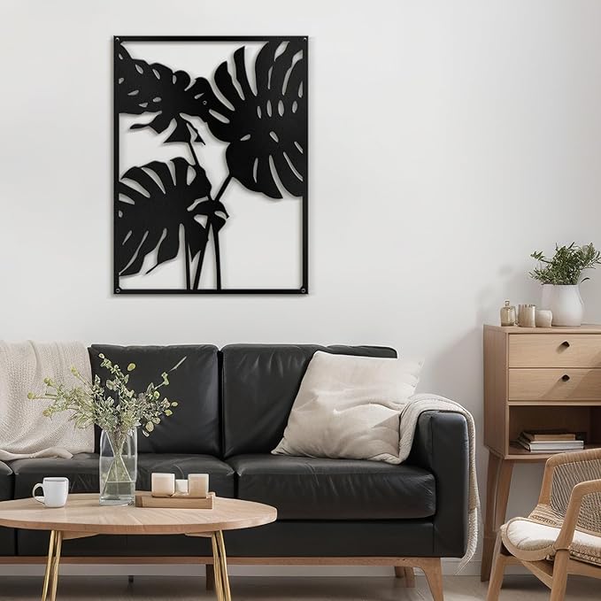 SIGNLEADER Metal Wall Art Decor Two Tropical Monsteras Leaf Minimalist Modern Abstract Wall Sculpture Hangings Home Decoration for Living Room, Bedroom, Bathroom, Kitchen, Outdoor - 30" Black