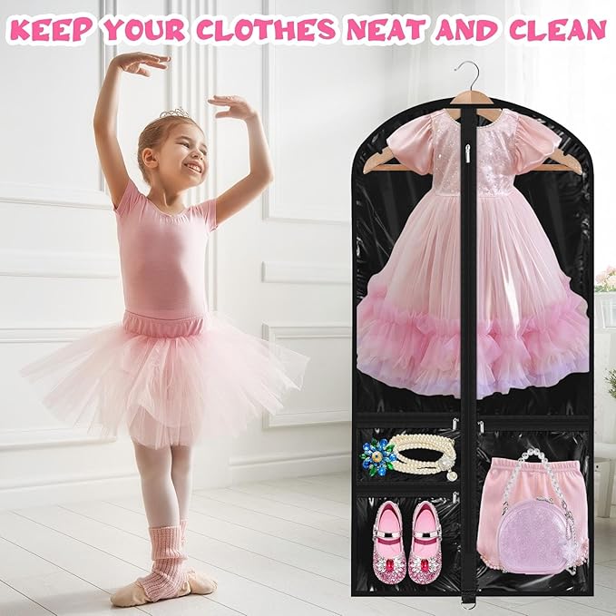 14 Pcs Garment Bags for Dance Costumes Clear PVC with Zippers 24 x 50 Inch Suits Bag with Pockets Dance Costume Organizer Carrier for Storage Cover for Adult(Translucent Black,Classic)