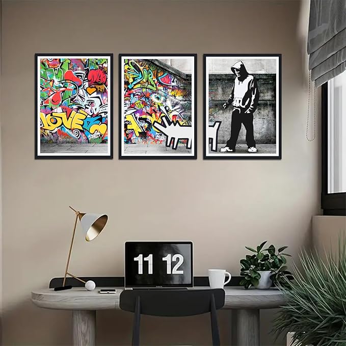 Novatique Banksy Wall Art Colorful Canvas Living Room Wall Decor Street Graffiti Art Picture Print Framed for Bedroom Ready to Hang,16" x 24" x 3pcs