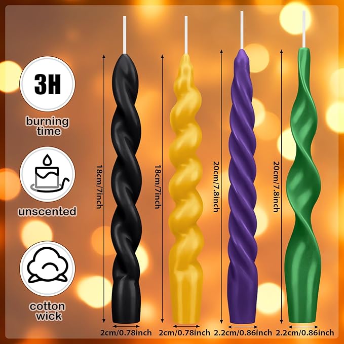 Nuanchu 4 Pcs 7.87 Inch Twisted Taper Candles Wax Unscented Smokeless Spiral Swirl Candlesticks for Wedding Holiday Dinner Party Home Decorations (Mardi Gras,Pure)