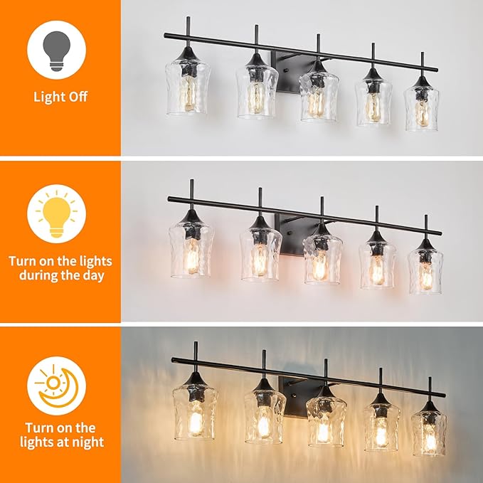 Modern Glass Vanity Light Fixture,5 Light Industrail Black Metal Vanity Light for Bathroom Bedroom Living Room