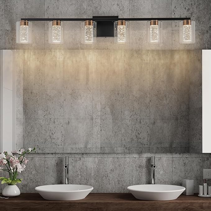 SineRise 6-Light Black and Gold Vanity Light with 3 Color Modes (3000K/4000K/6000K), Eye Protection LED Bathroom Light Fixture, Dimmable Modern Wall Light Over Mirror with Clear Glass Shade