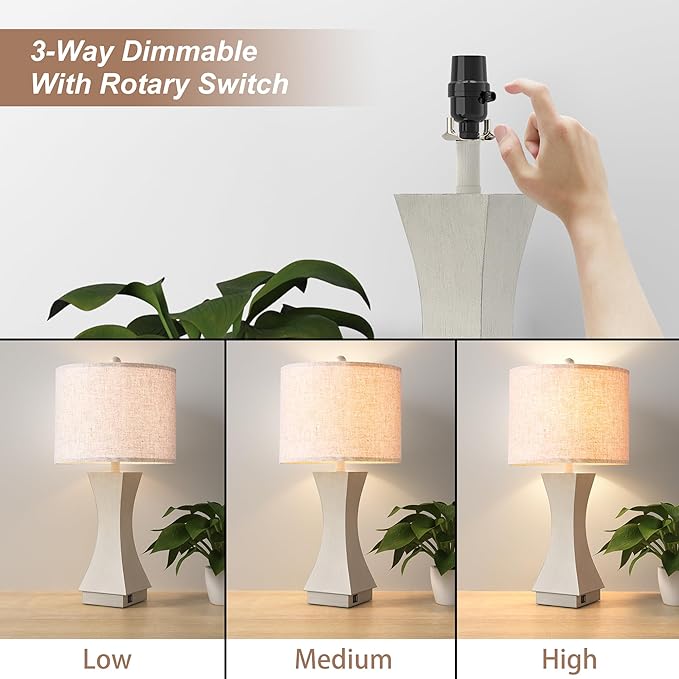 24.5" Modern Table Lamp Set of 2, 3-Way Dimmable Bedside Lamps with USB C & A Charging, Farmhouse Resin Nightstand Lamps with Linen Shade for Bedroom, Living Room, Home Office (Gray)