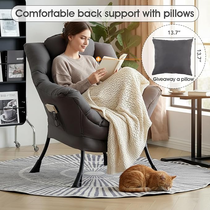 Lazy Chair for Living Room, Large Dark Grey Lounge Accent Chair with a Throw Pillow, Leisure Sofa Chair Set, Comfy Reading Chair for Bedroom, Dorm Room, Office