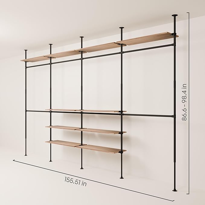 pamo Industrial Pipe Clothing Rack with Shelf - 660 lbs Capacity - Clamping Clothes Rack and Walk In Closet with Oak Shelf for Wardrobe