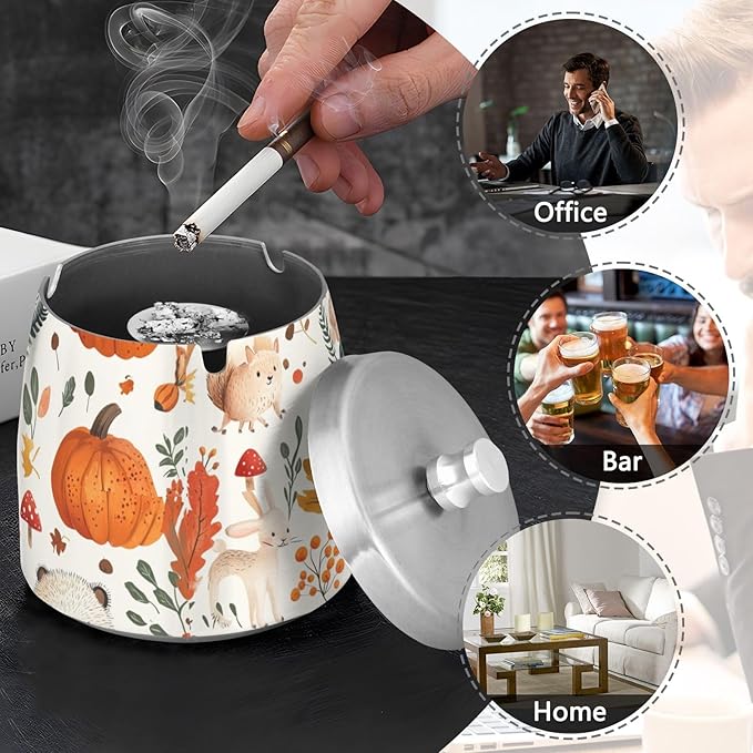 Mushrooms Fox Autumn Pumpkin Ashtray with Lid, Outdoor Ashtrays for Patio, Stainless Steel Ashtray Odorless Smokeless for Home Office Balcony