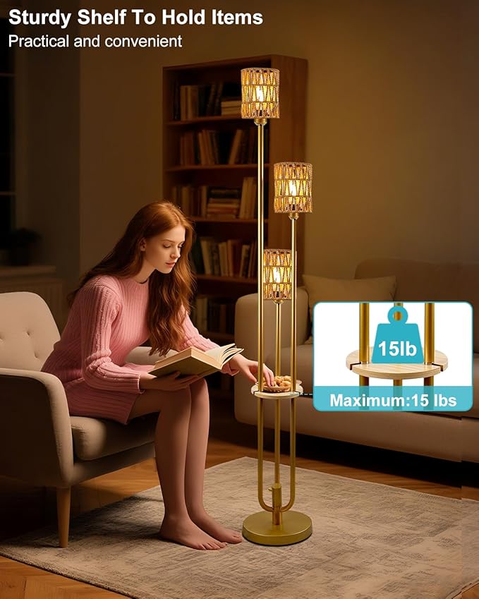 Lightdot Dimmable Boho Floor Lamps with Table, 3-Lights Rattan Floor Lamp 3000K Warmwhite Farmhouse Floor Lamp, Rustic Gold Standing Lamp for Living Room/Sofa Beside/Corner Decor(Bulbs Included