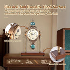 Vintage Fireplace Mantel Clock – Silent Retro Desk Clock for Living Room, Walnut Base with Metal Surface Antique Shelf Pendulum Clock, Home Decor