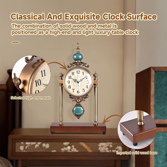 Vintage Fireplace Mantel Clock – Silent Retro Desk Clock for Living Room, Walnut Base with Metal Surface Antique Shelf Pendulum Clock, Home Decor