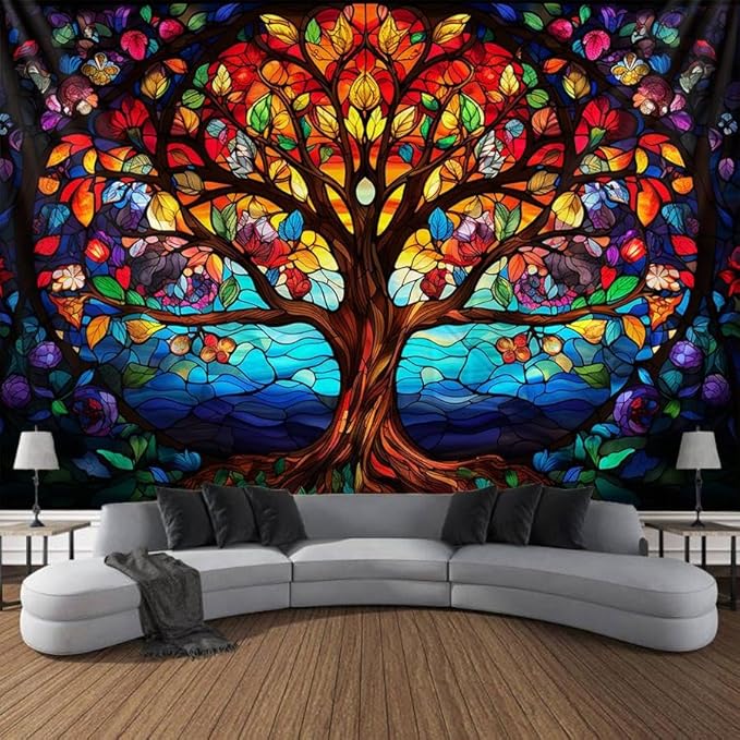 Tree of Life Wall Hanging Decor Tapestry with Stained Glass Colorful Wall Art Large Tapestry Mural Decor Photograph Backdrop Blanket Curtain Home Bedroom Living Room Decoration