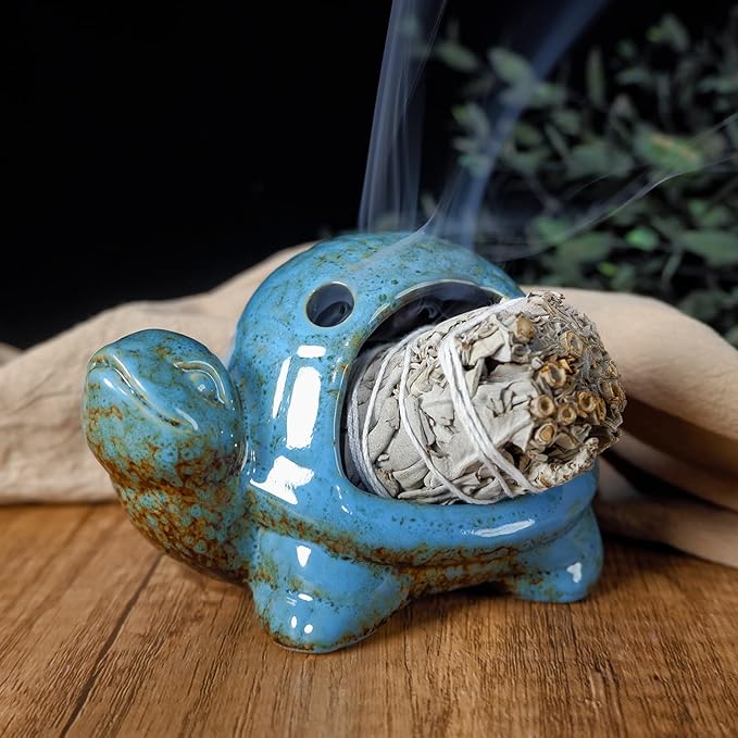 Blue Ceramic Turtle Palo Santo Burner - Mini Chiminea, Burns Palo Santo、Sage、Incense Cones, Doubles as Small Candle Holder for Energy Cleansing、Yoga、Meditation、Zen、Altar Aromatherapy