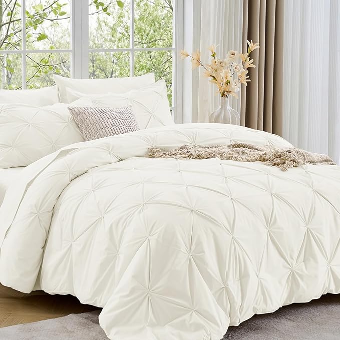 Sasttie Full Size Comforter Set, 7-Piece Bed in a Bag, Pintuck Bedding Set for All Season, Includes Comforter, Flat Sheet, Fitted Sheet, Pillowcases and Pillowshams, Ivory