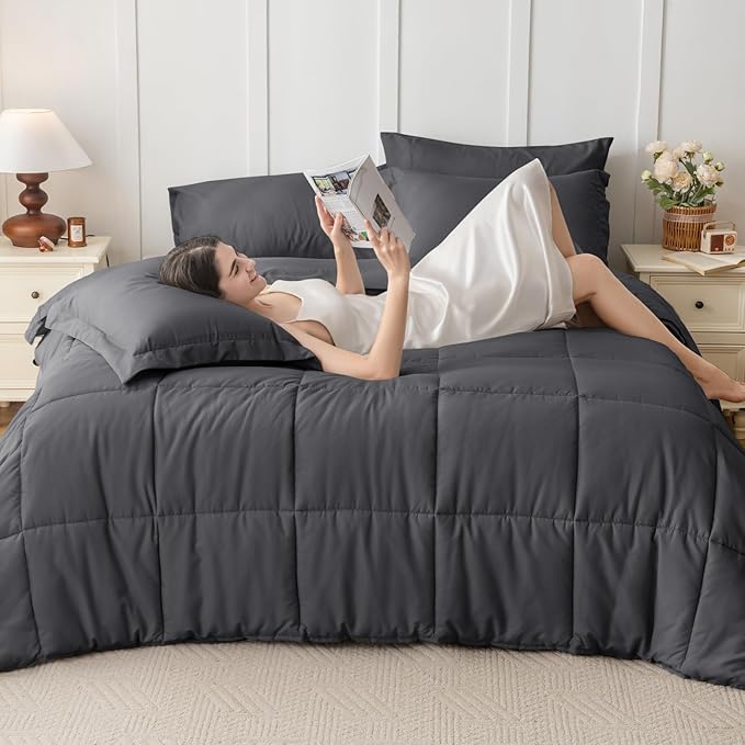 JOLLYVOGUE Queen Comforter Set, Ultra-Soft Bed in a Bag Queen Size 7 Pieces, Oeko-TEX Certified Bedding Set with Down Alternative Comforter, Sheets, Pillowcases & Shams, Dark Grey