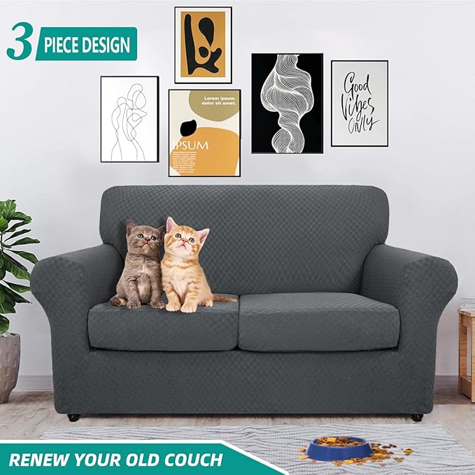 YEMYHOM Latest Checkered 3 Pieces Couch Covers for 2 Cushion Couch High Stretch Thickened Love Seat Sofa Cover for Dogs Pets Elastic Loveseat Slipcover Protector (Dark Gray), 55"-69"(2 Cushions)