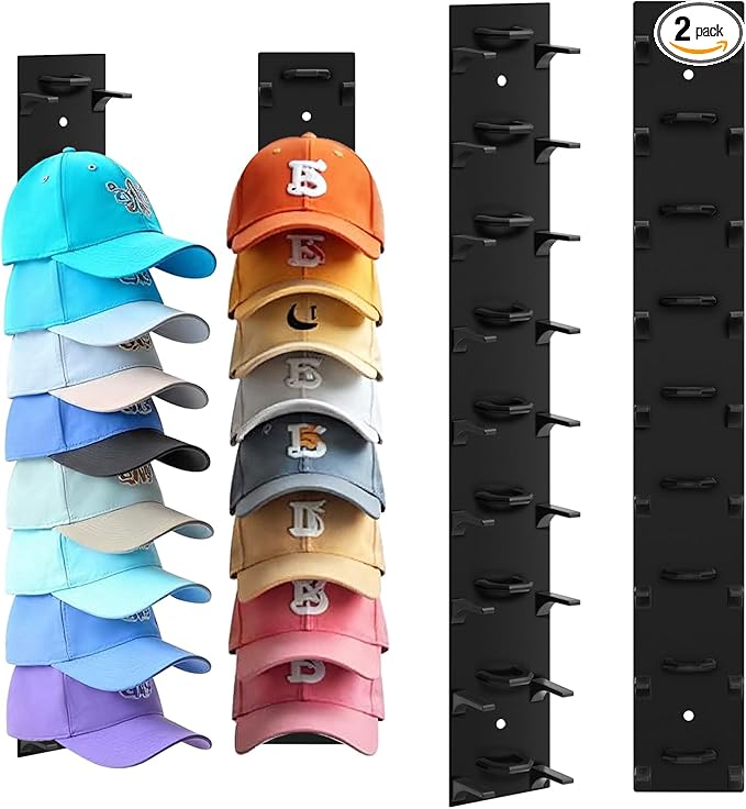 Hat Organizer for Baseball Caps, 2 Pack Black Hat Rack for Wall Hold up to 18 Hats Strong Adhesive Hat Hooks Stand Hat Hanger Organizer Storage Holder Display for Door Closet