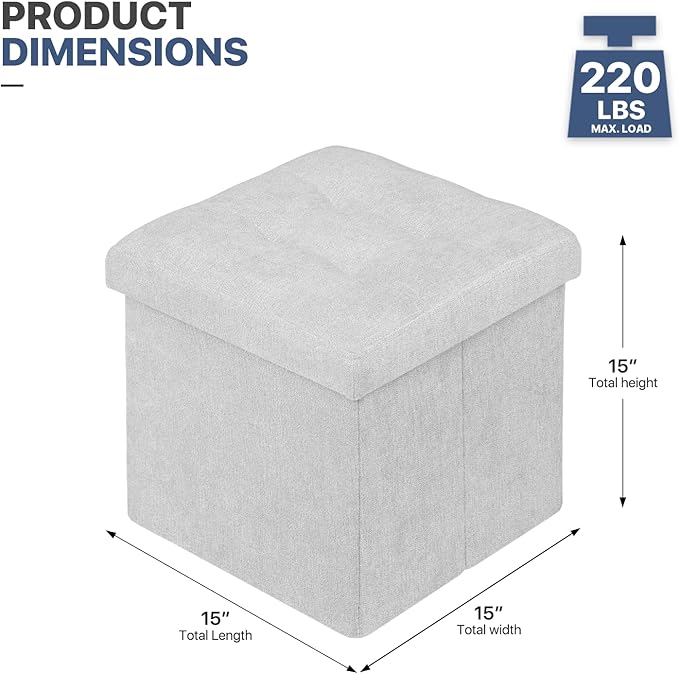 MoNiBloom 15 Inches Storage Ottoman Cube, Folding Square Foot Rest Stool, Small Ottoman Footrest with Storage for Living Room, Bedroom, Entryway, Light Gray