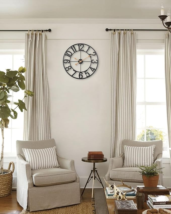Large Clocks for Living Room Decor, Silent Non Ticking Wall Clocks Battery Operated, 18 Inch Decorative Analog Metal Indoor Outdoor Wall Clock for Kitchen, Bedroom, Office, Patio - Black
