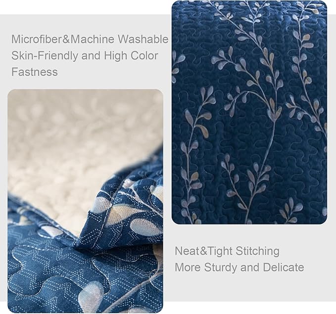 Exclusivo Mezcla Reversible Boho Quilts King Size, Navy Bedspreads Lightweight Coverlet All Season Flowers Quilt Bedding Set with Printed Floral Pattern (1 Quilt, 2 Pillow Shams)