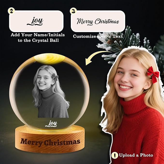 Custom Snow Globes with Photo Name Christmas Snow Globes with Light-Up Base Personalized Engraving Crystal Snowglobe Gifts for Family Women Men Kids Xmas Gift (Snow Globe)