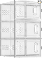 BALEINE 3 Pack Stackable Shoe Storage Boxes Fit Size 11, Thickened Clear Shoe Box Bins with Lids, Plastic Foldable Shoe Rack Organizer Sneaker Storage Containers (X-Large, White)