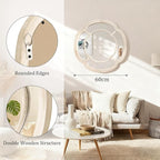 Irregular White Mirror, Wall Mounted Wavy Circle Large Mirror Wood Frame Round Hanging Decorative Mirros for Entryway Living Room Vanity and Bedroom, 20 Inch Home Decor