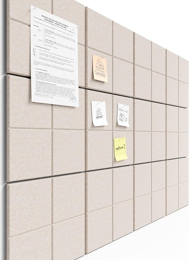Bumusty Large Felt Bulletin Board, 48" x 36" Cork Board Alternative, 12-Pack Wall Tiles with 4-Compartment Design, 30 Push Pins, 70 Adhesive Tabs, Ideal for Office & Home Decor, Oatmeal
