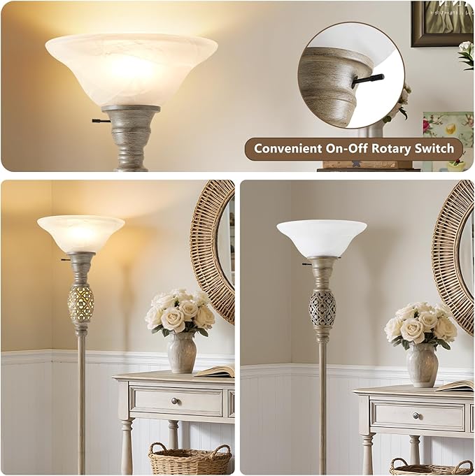 70" Torchiere Floor Lamps with NightLight - Victorian Style Vintage Floor Lamp for Living Room, Bedroom, Office - Retro Floor Lamps with Rotary Switch & Etched Glass Shade, Home Decor, Bulb Included