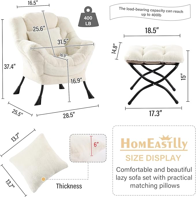 Lazy Chair with Ottoman, Large Lvory Lounge Accent Chair with Ottoman and FA Throw Pillow, Comfy Plush Reading Chair for Living Room Bedroom Dorm Room Office Apartment Relaxing Use