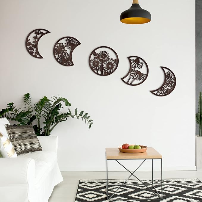 Jetec 5 Pcs Moon Phase Wall Art Decor Wall Pediments Hanging Wooden Phase Spiritual Bedroom Nordic Boho Lunar Aesthetic Art for Living Room Dorm Apartment Ornament(Brown,10.6 Inch,Flower)