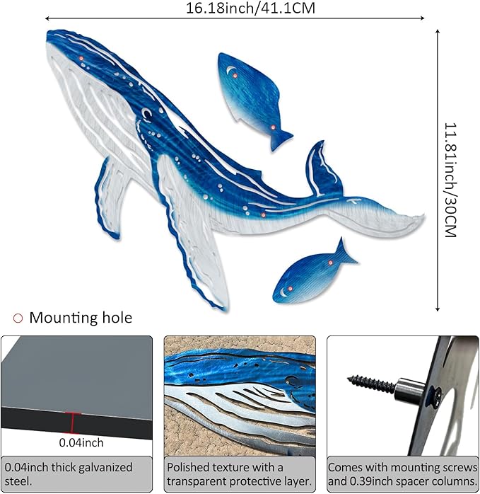 LiveInUrban Coastal Wall Art Whale Metal Wall Sculptures, Ocean Beach Themed Metal Hanging Home Decoration 3PCS 16.2"x12.1"