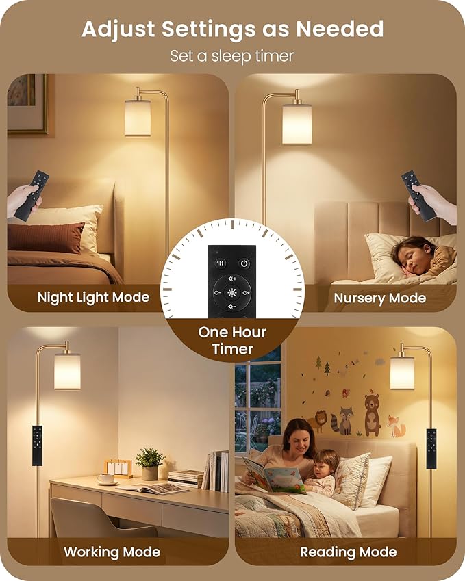 Dimmable Floor Lamp for Living Room with Remote and Foot Switch, Modern Standing, Corner Lamp,10W Bulb 3 Color Temperatures, for Bedroom, Office, Corner, ETL Listed, Gold and White DCW19LD05
