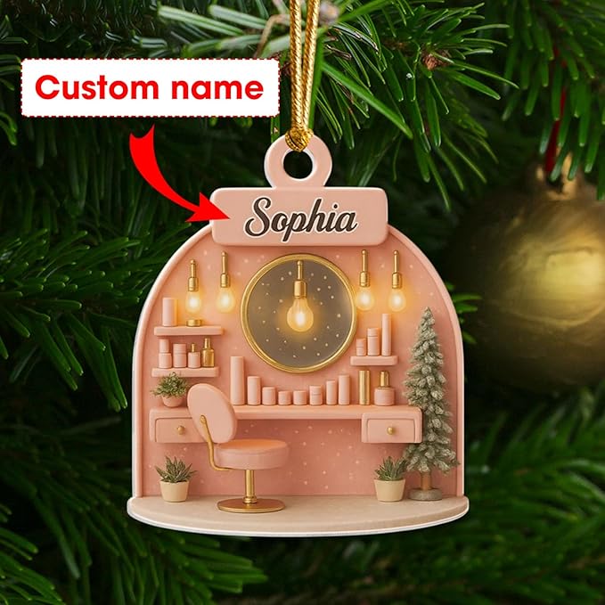 Personalized Pink Makeup Christmas Ornament 2025, Custom Acrylic Hanging Decoration, for Teen Girl, Beauty Artist Keepsake, Makeup Christmas Tree Ornament