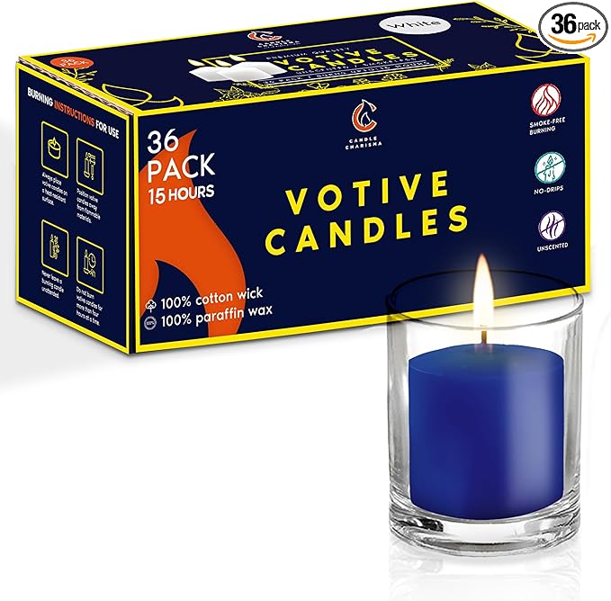Candle Charisma Blue Unscented Votive Candles - 15 Hour Burn time - Set of 36 for Dinner, Wedding, Halloween and Holiday Decorations