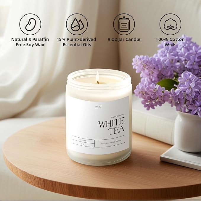 White Tea Candles for Home Scented, Natural Soy Wax Aromatherapy Non Toxic Scented Candle, Handmade Highly Scented & Long Lasting Jar Candle for Stress Relief, Relaxation, Holiday Gifts (9oz)