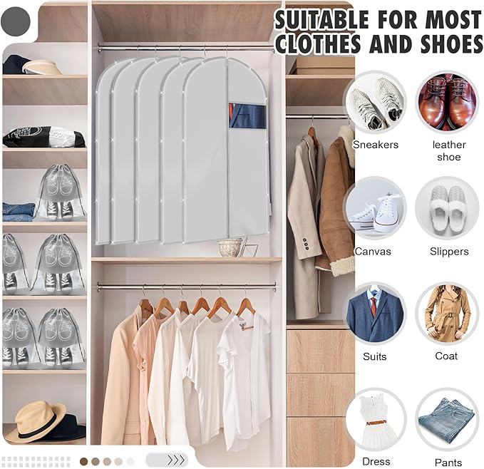 SATINIOR 12 Pcs 40 Garment Bags for Travel Shoe Bags for Packing, Men Suit Cover for T-shirts, Coats, Jackets, Uniforms, Clothes, Shoes, Sneakers(Grey)