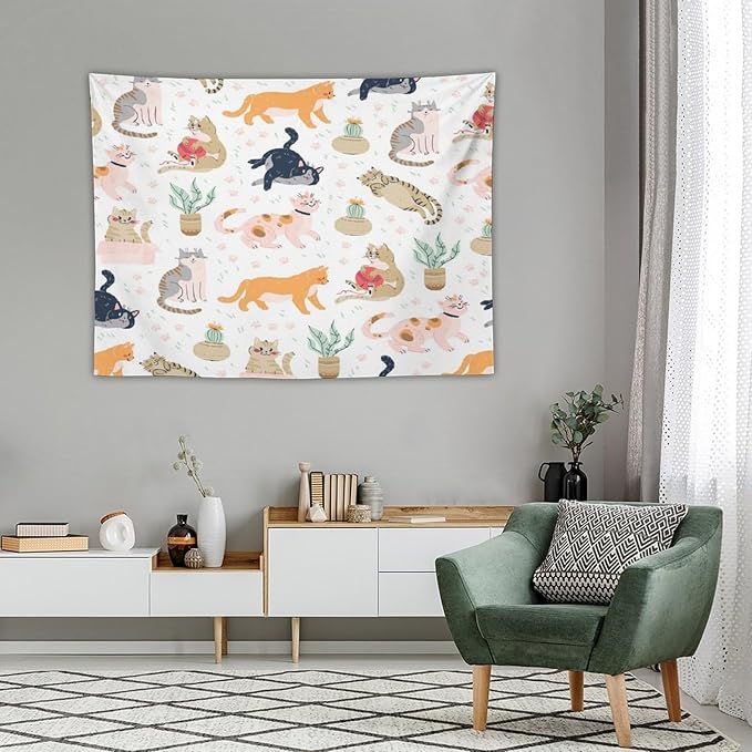 VUMIVI Cute Cat Tapestry Kids Hand-Painted Doodles Colorful Illustrations Potted Plants Paw Prints Tapestry Wall Hanging for Living Room Bedroom Dorm Classroom Aesthetic Decor W40xL30in